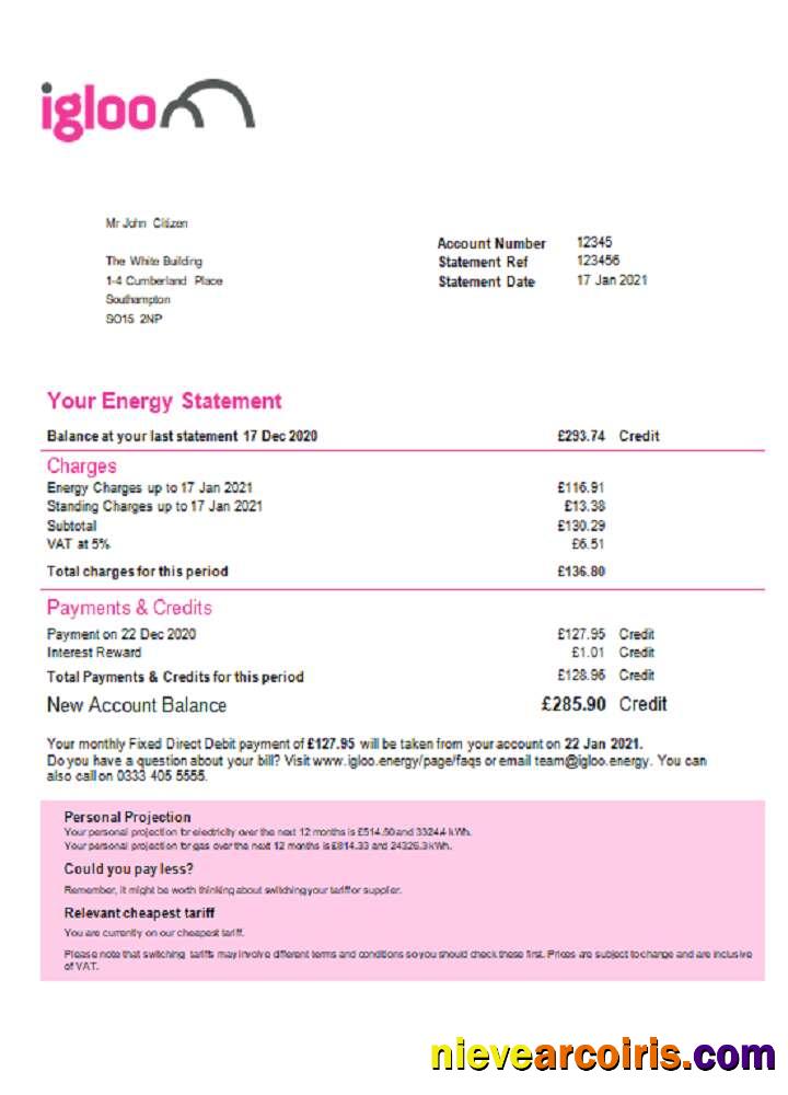 United Kingdom Igloo Energy utility bill